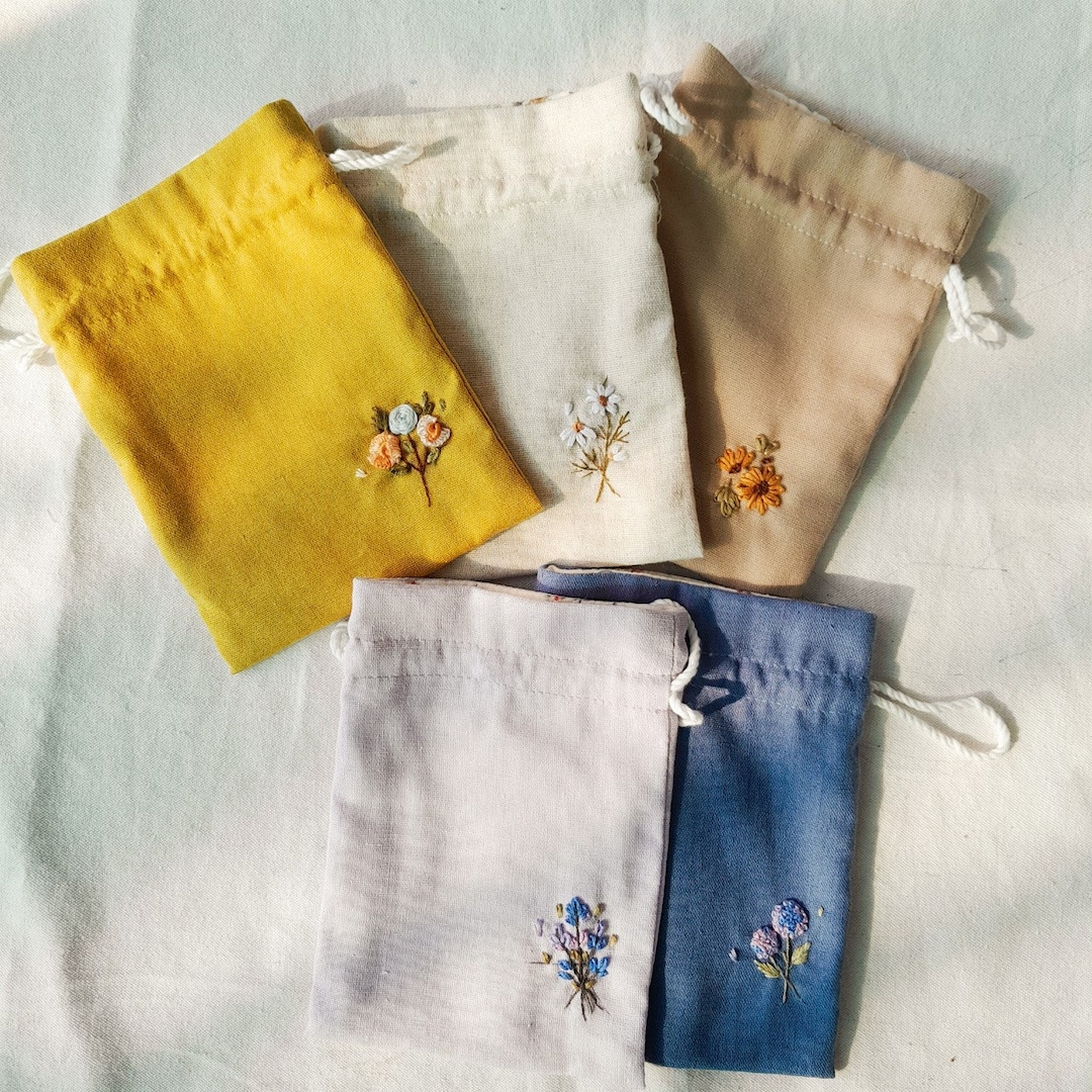 Custom Floral Embroidered Linen Drawstring Pouch, Personalized Jewelry Bag